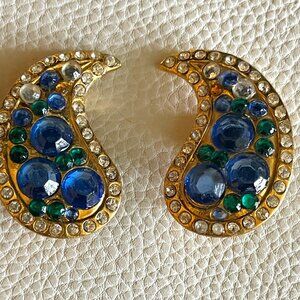 Dramatic Designer Blue and Gold  & Rhinestone Paisley Earrings